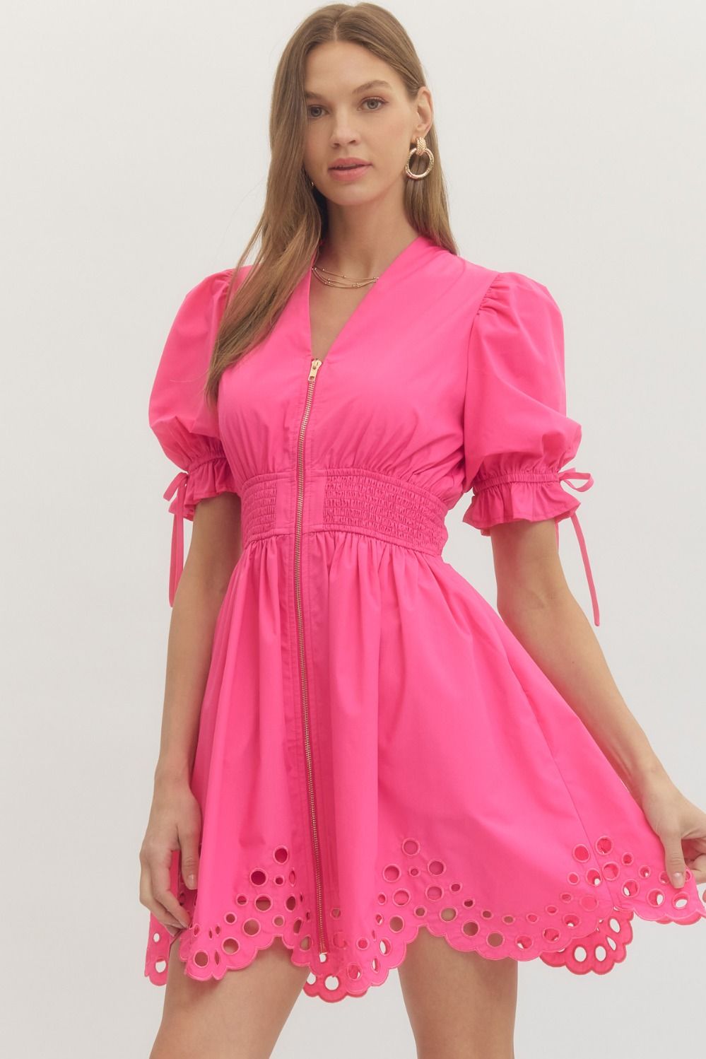 Scallop Eyelet Puff Sleeve Mini Dress - Lush Lemon - Women's Clothing - Entro - 35577031044893