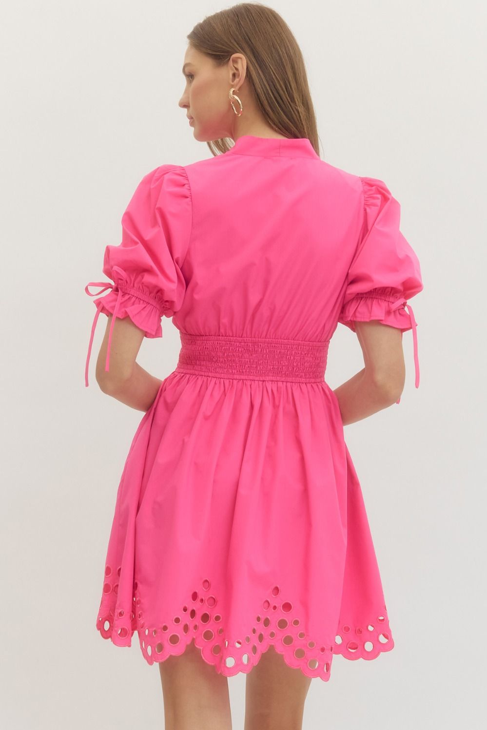 Scallop Eyelet Puff Sleeve Mini Dress - Lush Lemon - Women's Clothing - Entro - 35577031044893