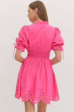 Scallop Eyelet Puff Sleeve Mini Dress - Lush Lemon - Women&