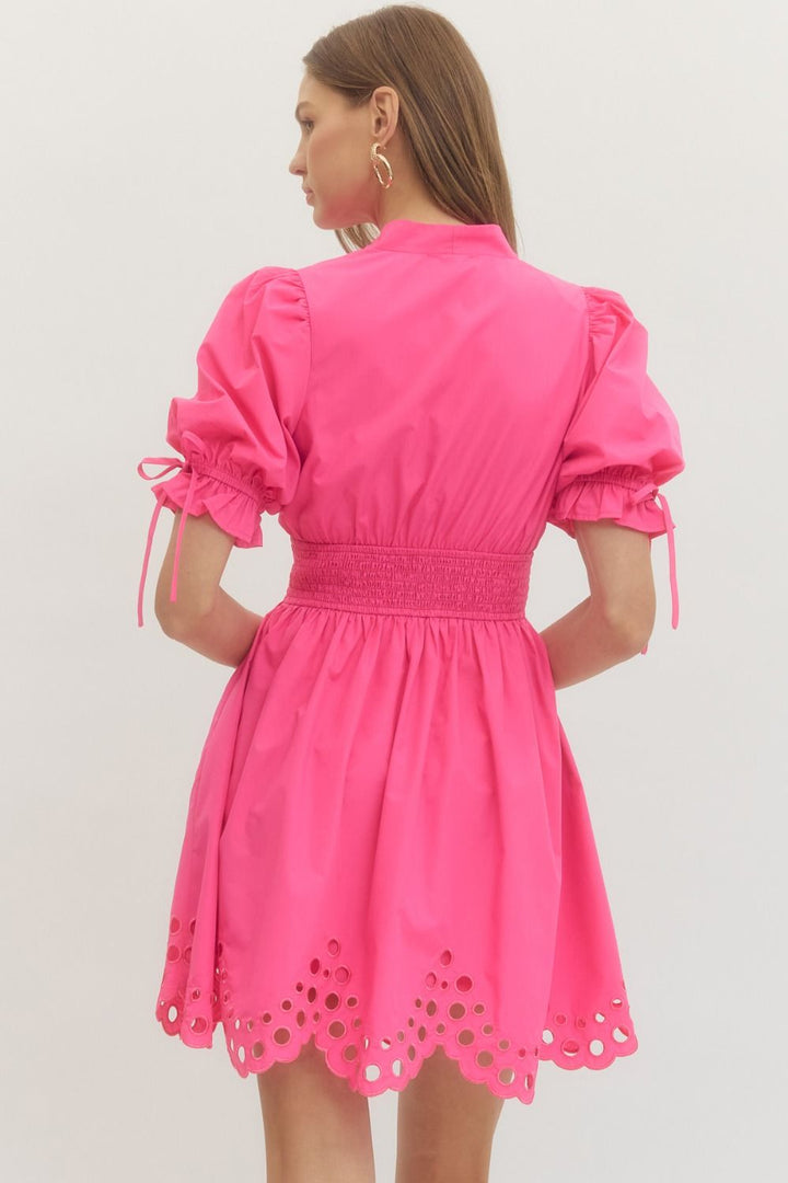 Scallop Eyelet Puff Sleeve Mini Dress - Lush Lemon - Women's Clothing - Entro - 35577031044893