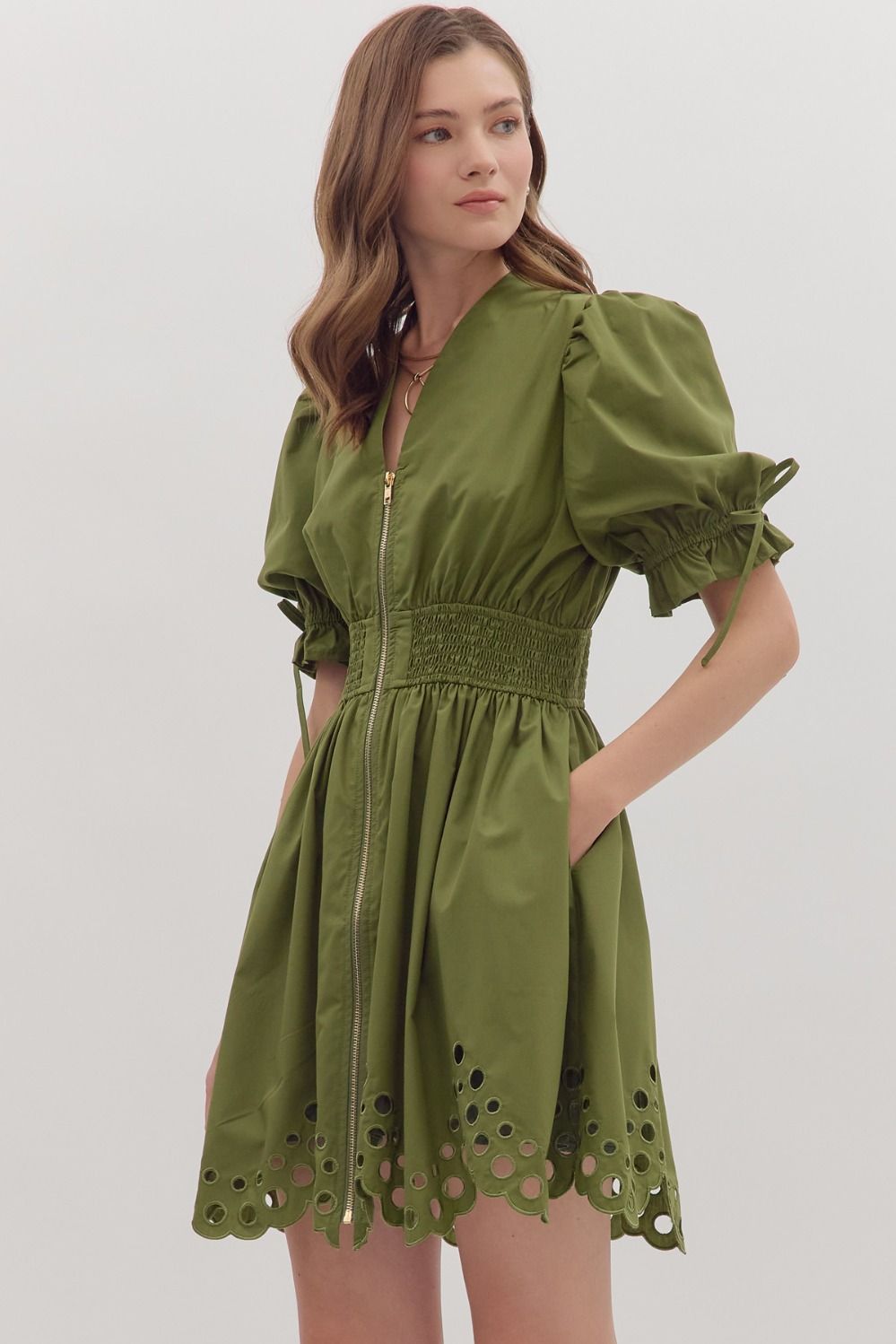 Scallop Eyelet Puff Sleeve Mini Dress - Lush Lemon - Women's Clothing - Entro - 38517811058205
