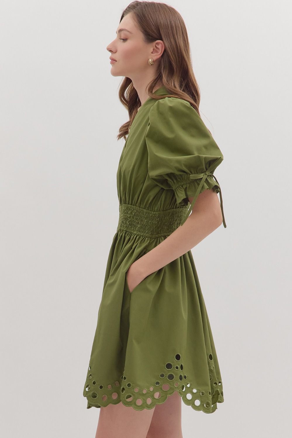 Scallop Eyelet Puff Sleeve Mini Dress - Lush Lemon - Women's Clothing - Entro - 38517811058205
