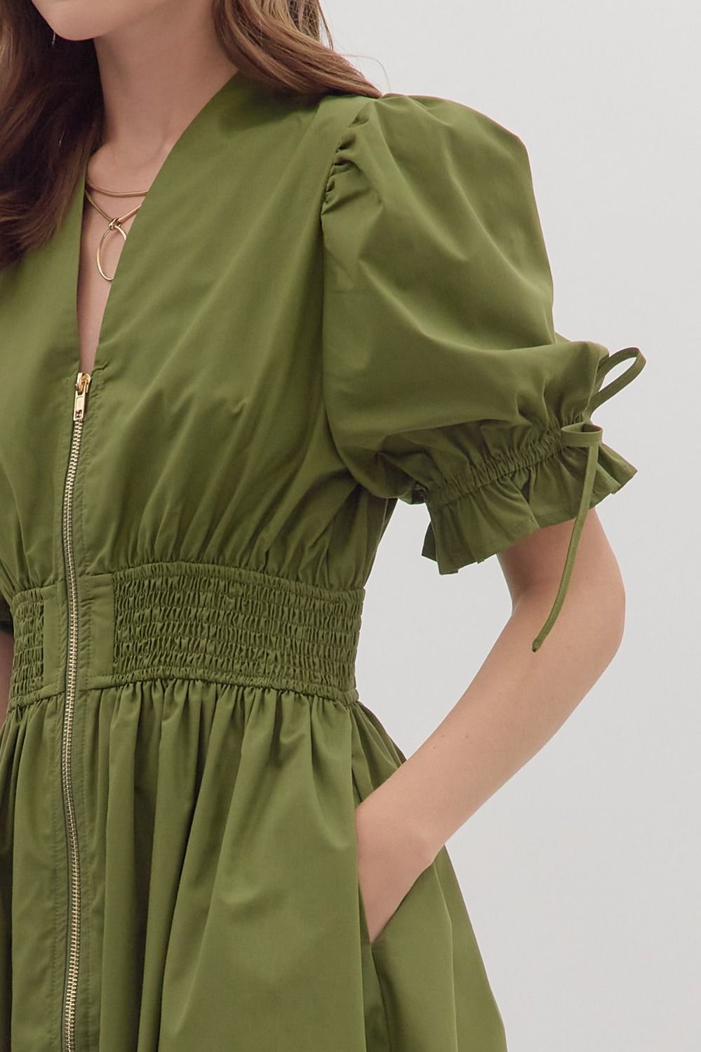 Scallop Eyelet Puff Sleeve Mini Dress - Lush Lemon - Women's Clothing - Entro - 38517811058205
