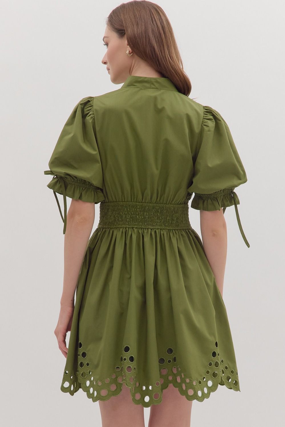 Scallop Eyelet Puff Sleeve Mini Dress - Lush Lemon - Women's Clothing - Entro - 38517811058205