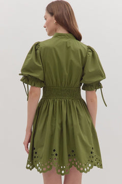 Scallop Eyelet Puff Sleeve Mini Dress - Lush Lemon - Women&