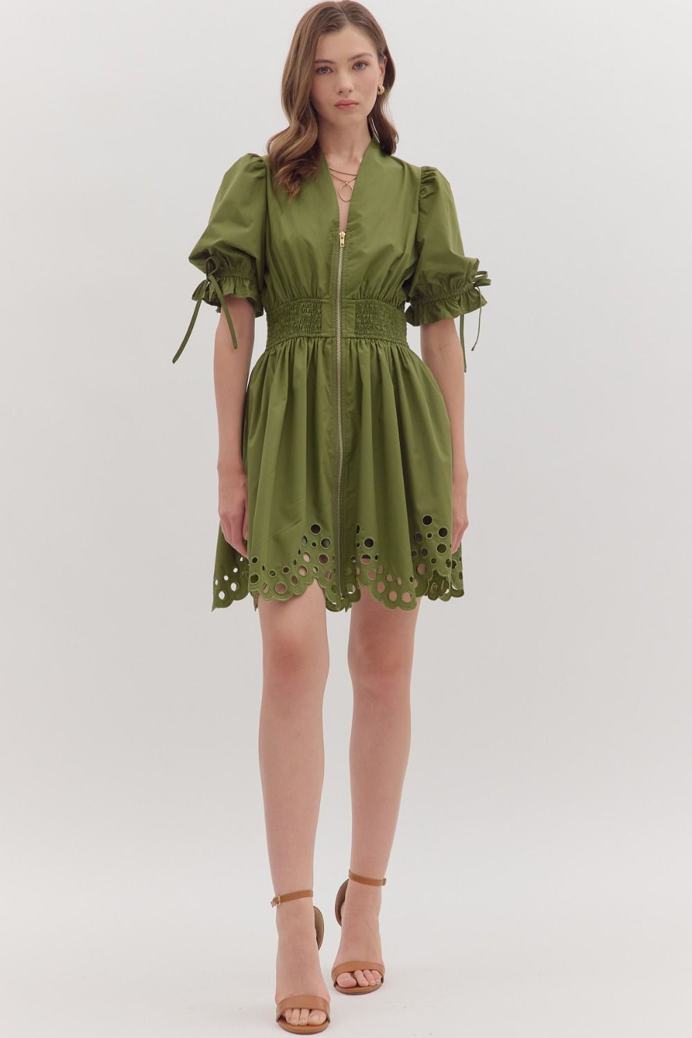 Scallop Eyelet Puff Sleeve Mini Dress - Lush Lemon - Women's Clothing - Entro - 38517811058205