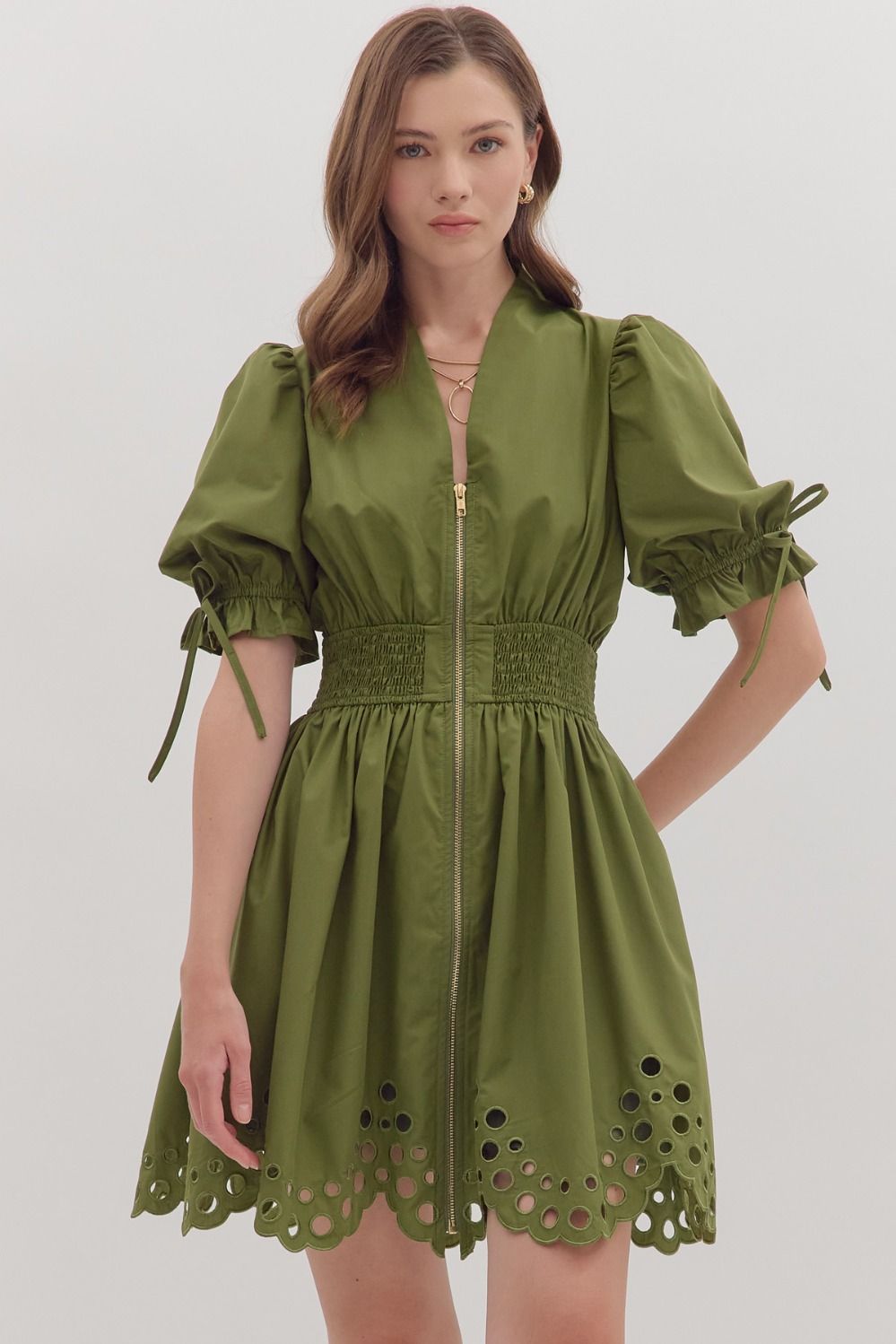 Scallop Eyelet Puff Sleeve Mini Dress - Lush Lemon - Women's Clothing - Entro - 38517811058205