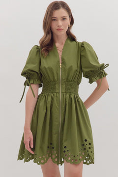 Scallop Eyelet Puff Sleeve Mini Dress - Lush Lemon - Women&