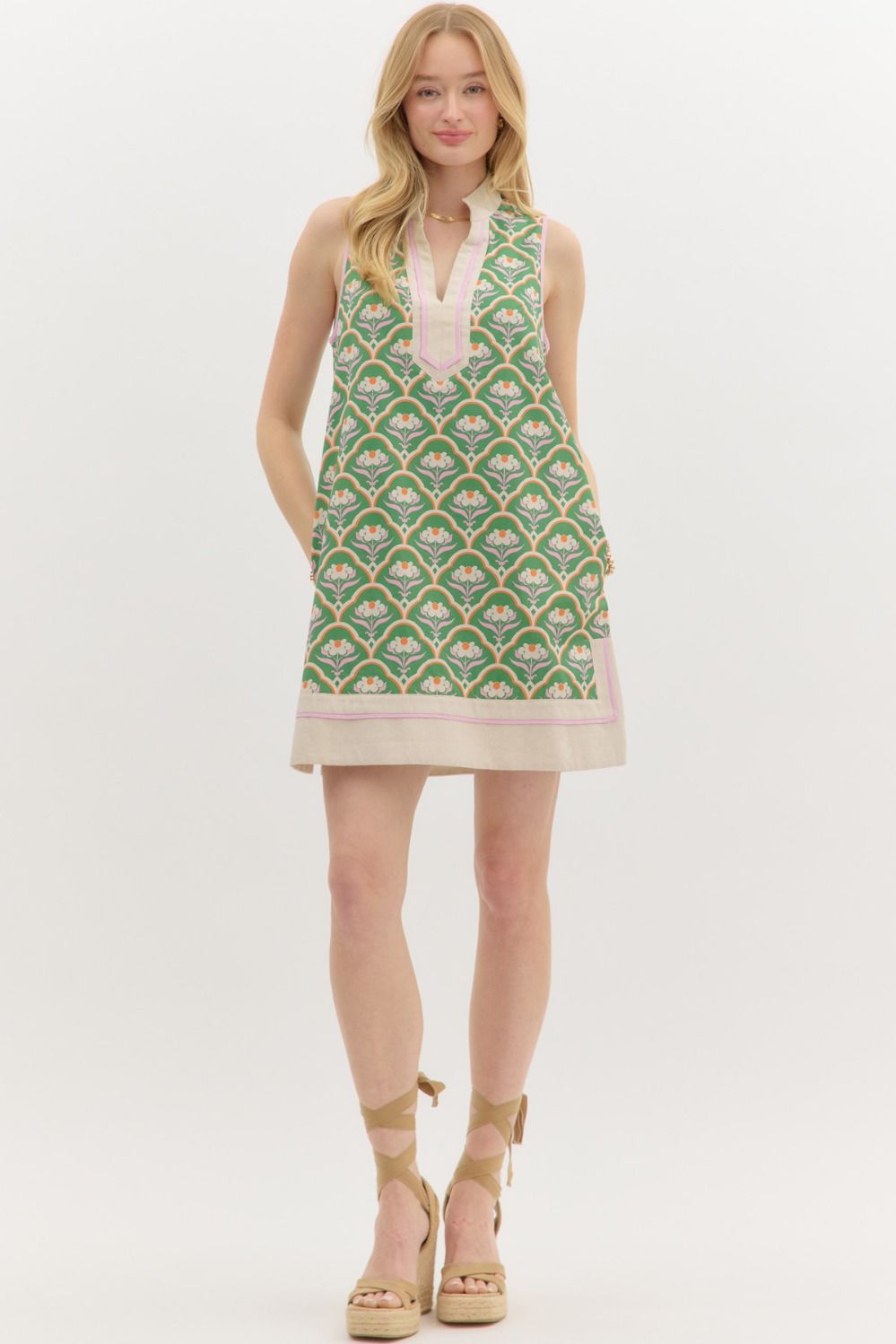 Scallop Floral Caftan Mini Dress - Entro - Lush Lemon Pink / L Scallop Floral Caftan Mini Dress - Entro - Lush Lemon Pink / L