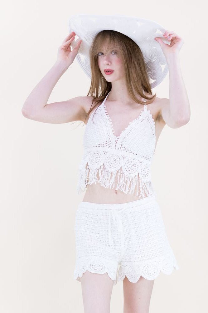 Scallop Fringe Halter Top & Shorts Set - Lush Lemon - Women's Clothing - Original - 50322851014749