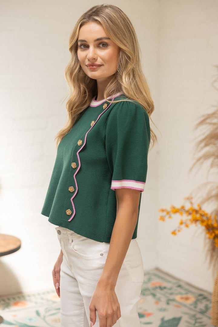 Scallop & Gold Button Detailed Knit Top - Lush Lemon - Women's Clothing - Voy - 98957471062845