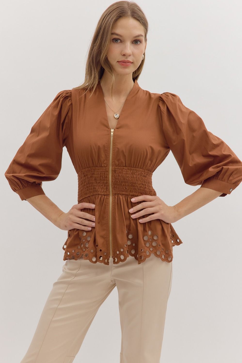 Scallop Hem Puff Sleeve Top - Lush Lemon - Women's Clothing - Entro - 32421081077405