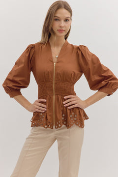 Scallop Hem Puff Sleeve Top - Lush Lemon - Women&