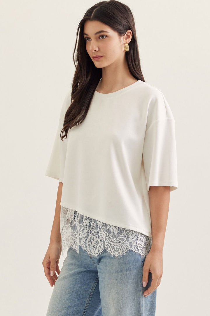 Scallop Lace Hem Knit Top - Lush Lemon - Women&