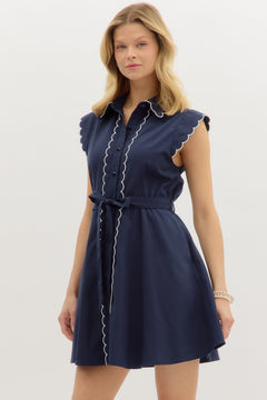 Scallop Trim Belted Mini Dress - Lush Lemon - Women&