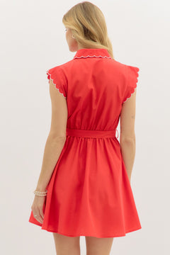 Scallop Trim Belted Mini Dress - Lush Lemon - Women&