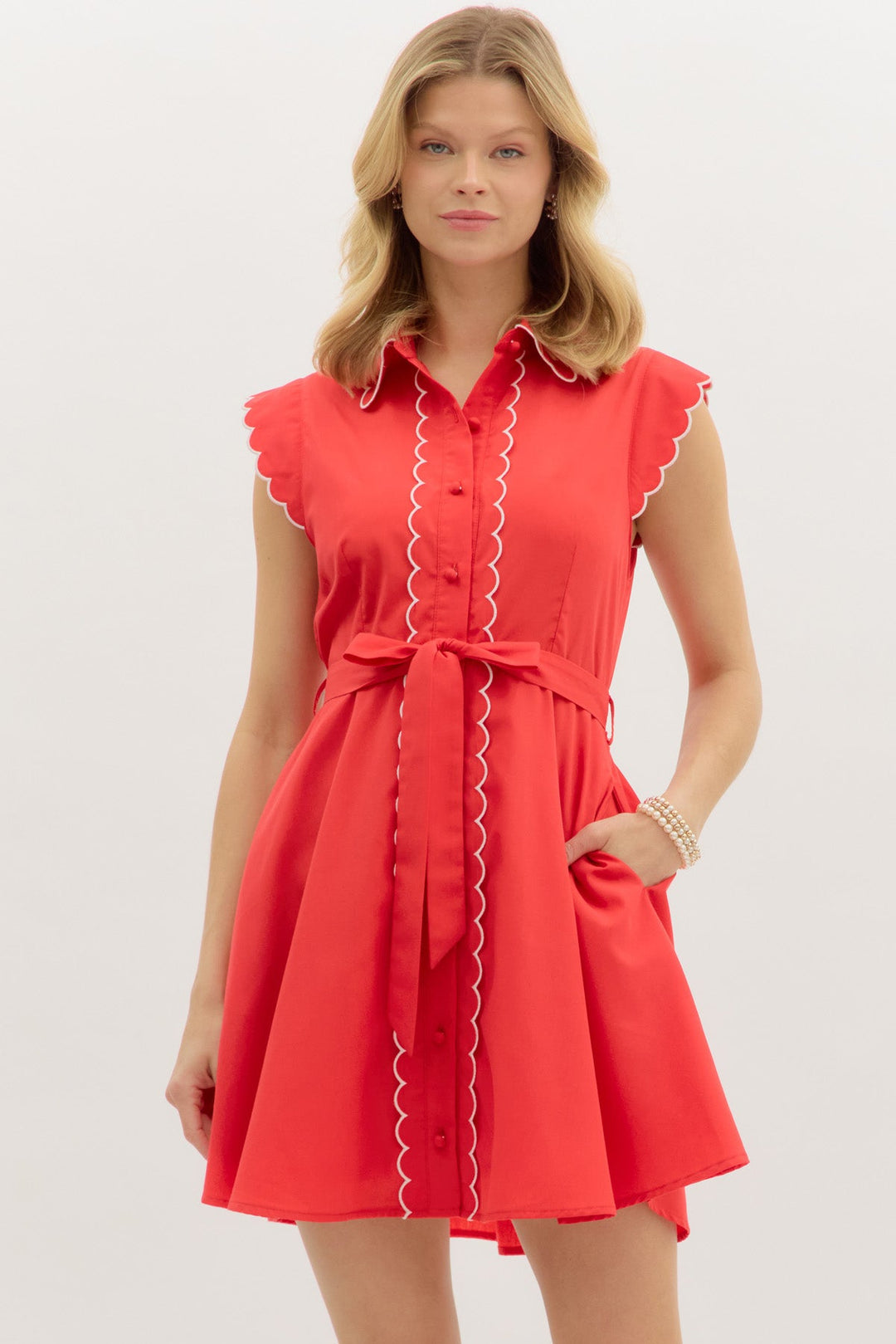 Scallop Trim Belted Mini Dress - Lush Lemon - Women's Clothing - Entro - 80322124693693