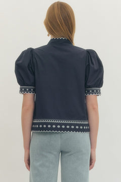 Scallop Trim Embroidered Puff Sleeve Top - Lush Lemon - Women&