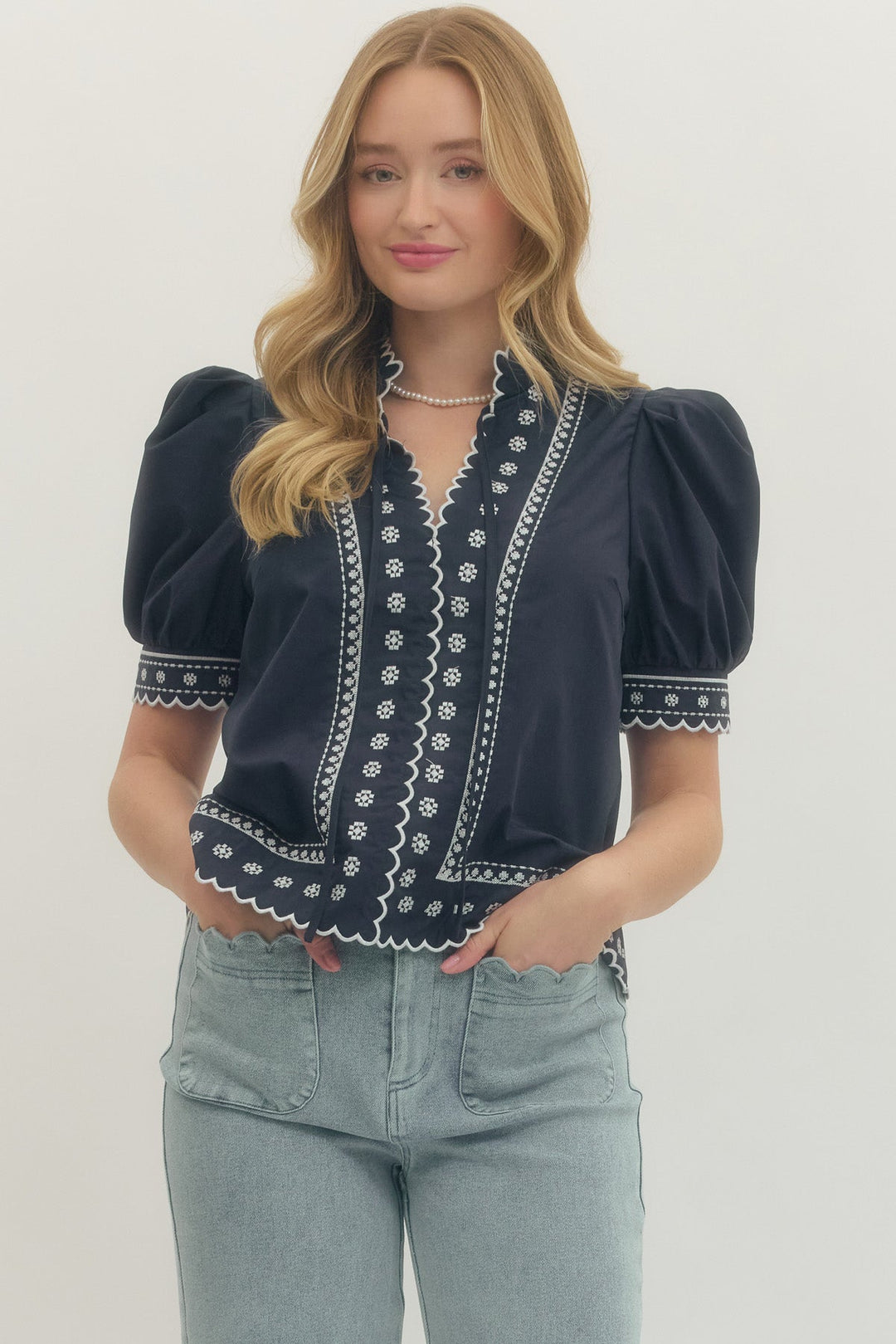Scallop Trim Embroidered Puff Sleeve Top - Lush Lemon - Women's Clothing - Entro - 86229591066269