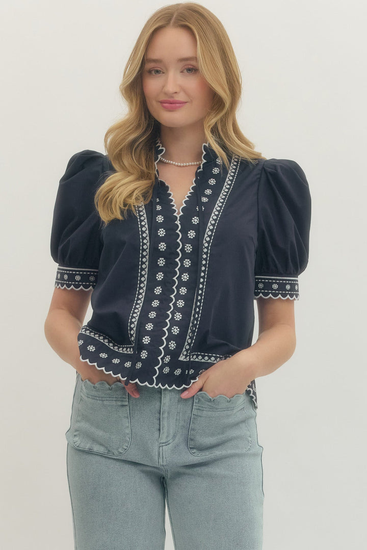 Scallop Trim Embroidered Puff Sleeve Top - Lush Lemon - Women's Clothing - Entro - 86229591066269