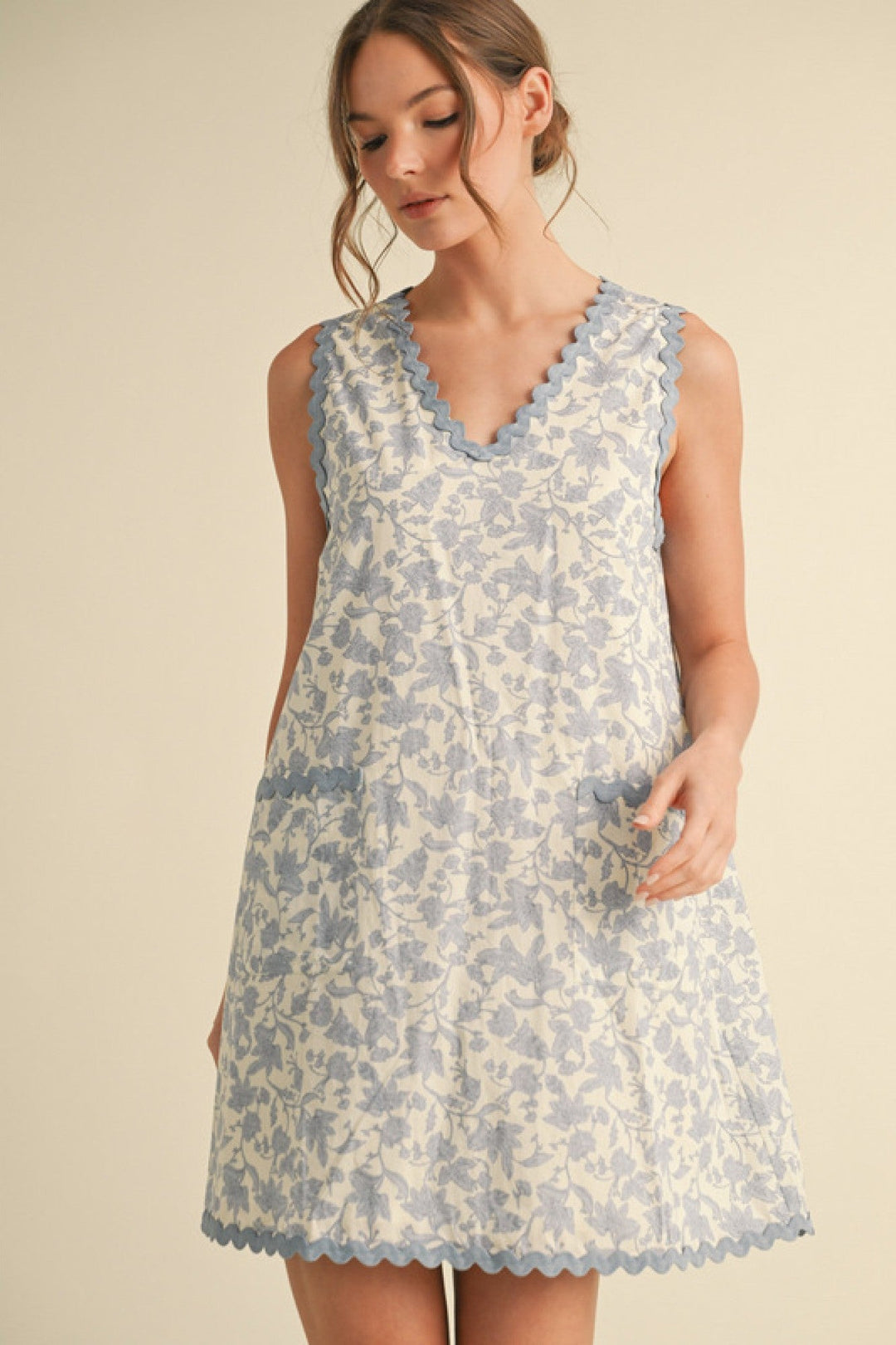 Scallop Trim Floral Pocket Dress - Jodifl - Lush Lemon Blue / L Scallop Trim Floral Pocket Dress - Jodifl - Lush Lemon Blue / L