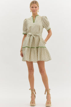 Scallop Trim Puff Sleeve Mini Dress - Lush Lemon - Women&