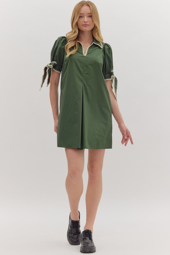 Scallop Trim Puff Sleeve Mini Dress - Lush Lemon - Women's Clothing - Entro - 17833491067773