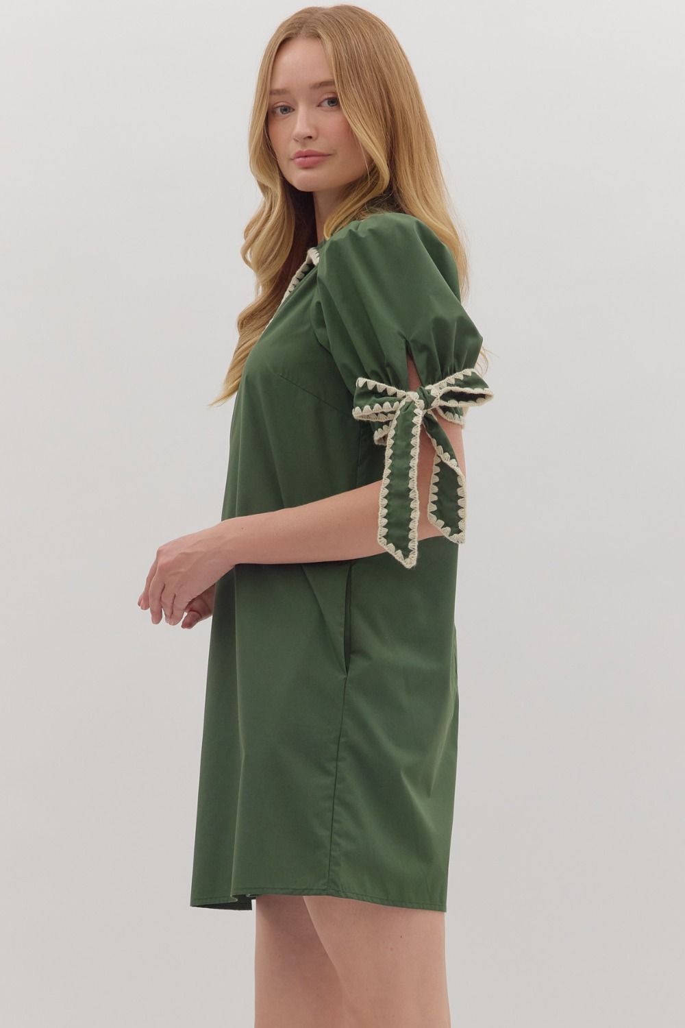 Scallop Trim Puff Sleeve Mini Dress - Lush Lemon - Women's Clothing - Entro - 17833491067773