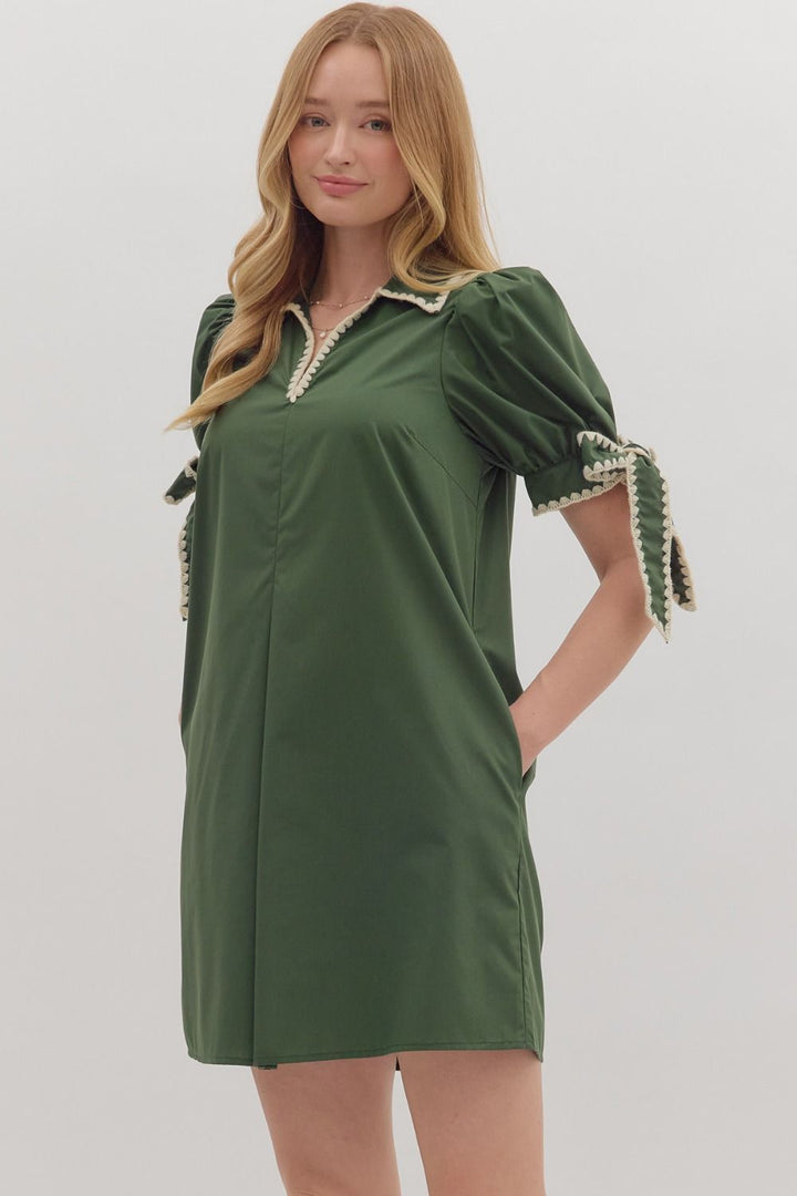 Scallop Trim Puff Sleeve Mini Dress - Lush Lemon - Women's Clothing - Entro - 17833491067773