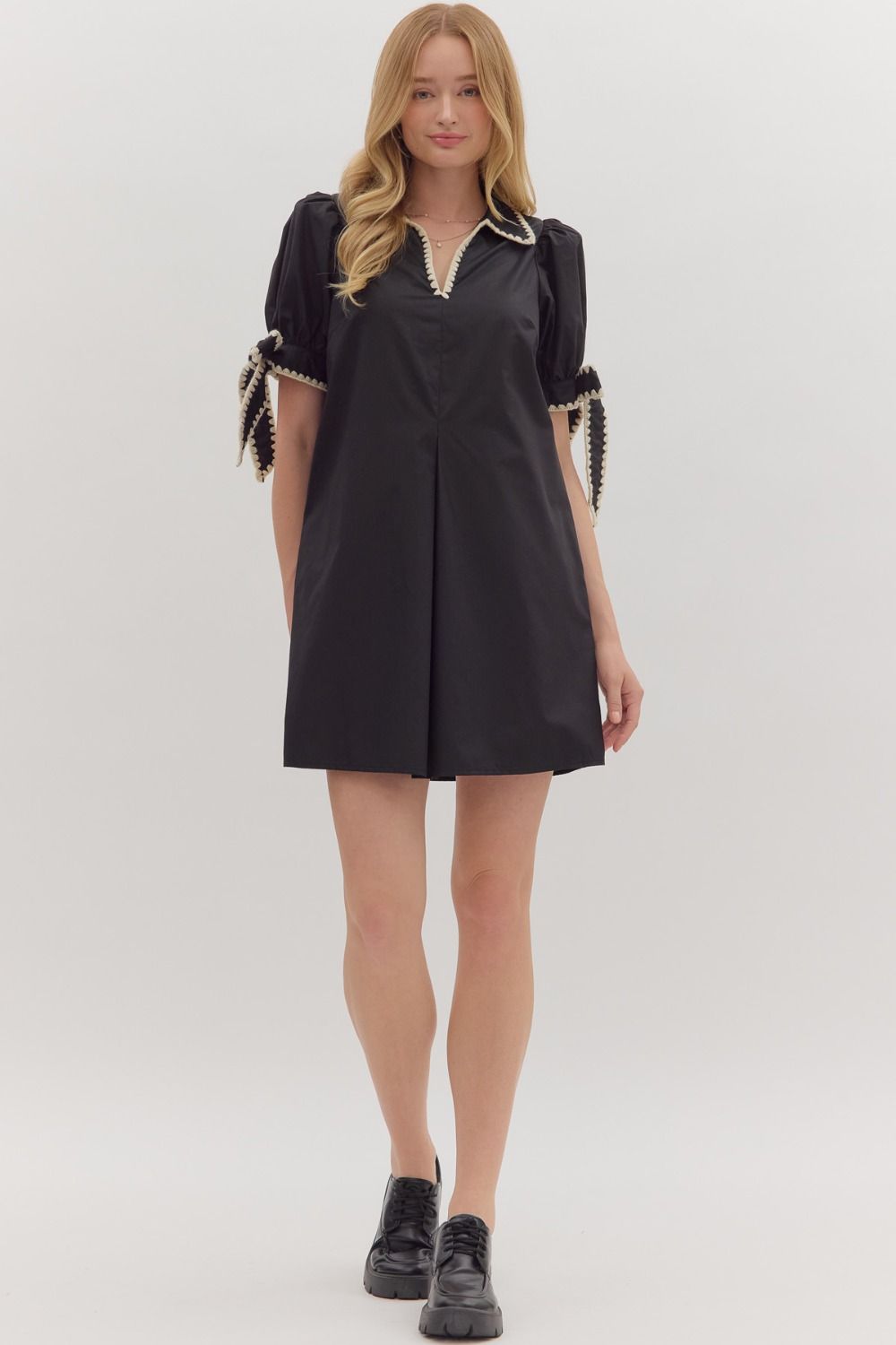 Scallop Trim Puff Sleeve Mini Dress - Lush Lemon - Women's Clothing - Entro - 17833491366077
