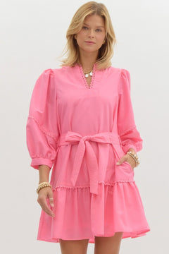 Scallop Trim ¾ Sleeve Mini Dress - Lush Lemon - Women&