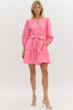 Scallop Trim ¾ Sleeve Mini Dress - Lush Lemon - Women&