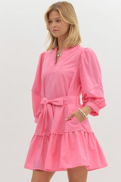 Scallop Trim ¾ Sleeve Mini Dress - Lush Lemon - Women&
