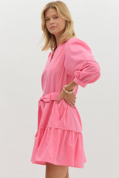 Scallop Trim ¾ Sleeve Mini Dress - Lush Lemon - Women&