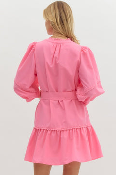 Scallop Trim ¾ Sleeve Mini Dress - Lush Lemon - Women&