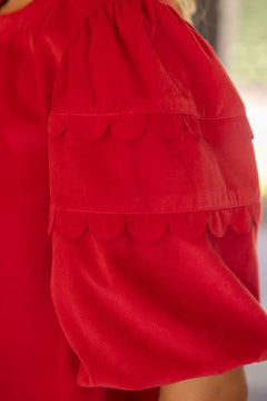 Scalloped Corduroy Top W/ Bubble Sleeves - Lush Lemon - Women&