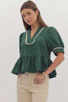 Scalloped Trim Peplum Crop Top - Lush Lemon - Women&