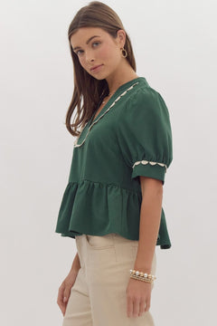 Scalloped Trim Peplum Crop Top - Lush Lemon - Women&
