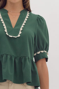 Scalloped Trim Peplum Crop Top - Lush Lemon - Women&