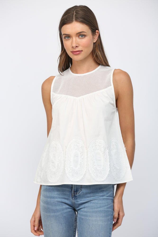 Sheer Yoke Lace Applique Top - Lush Lemon - Women's Clothing - Fate By LFD - 76283221022141