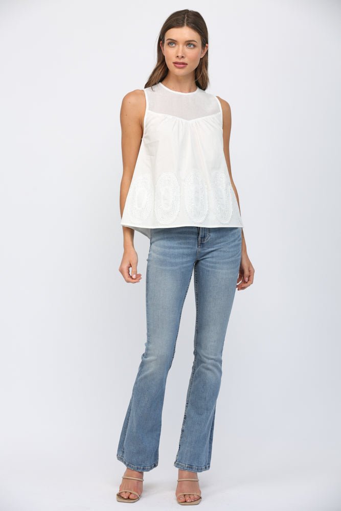 Sheer Yoke Lace Applique Top - Lush Lemon - Women's Clothing - Fate By LFD - 76283221022141
