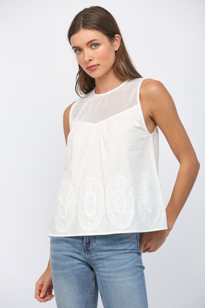 Sheer Yoke Lace Applique Top - Lush Lemon - Women's Clothing - Fate By LFD - 76283221022141