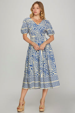 Short Sleeve Border Printed Midi Dress W/Pockets - Lush Lemon - Women&