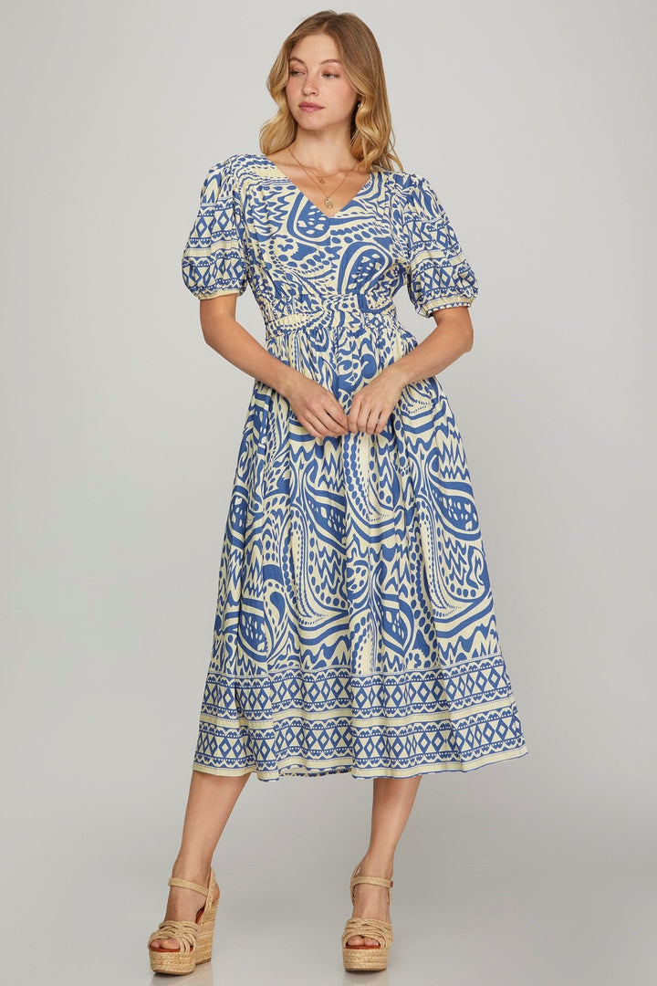 Short Sleeve Border Printed Midi Dress W/Pockets - Lush Lemon - Women's Clothing - She + Sky - 55826741006845