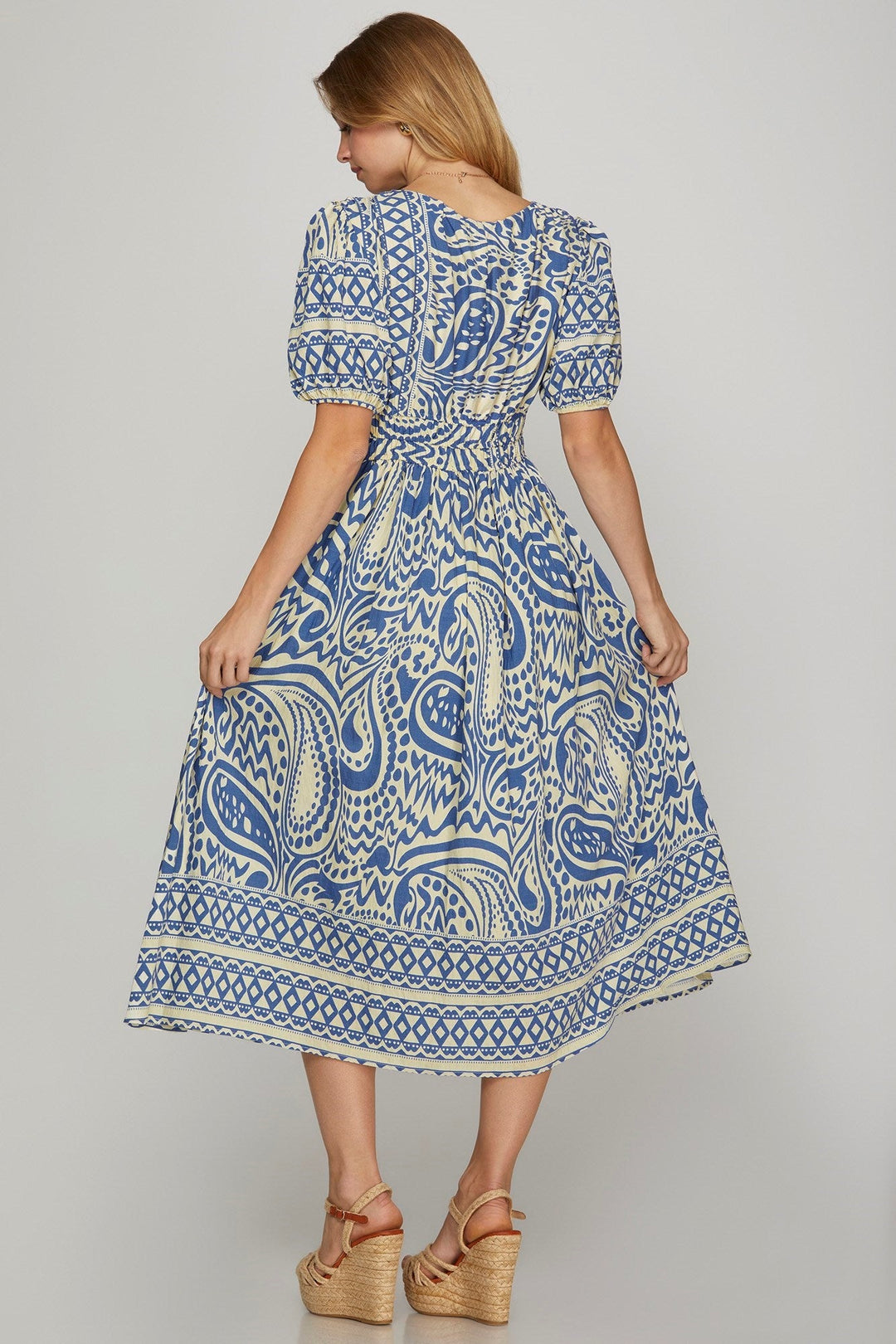 Short Sleeve Border Printed Midi Dress W/Pockets - Lush Lemon - Women's Clothing - She + Sky - 55826741006845