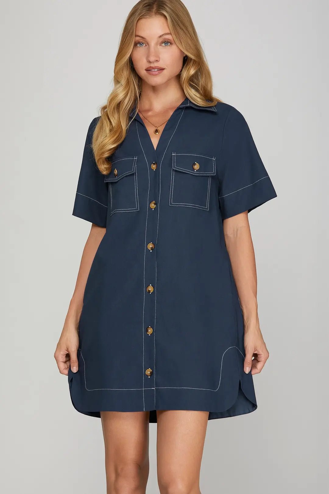 Short Sleeve Button Down Mini Dress - Lush Lemon - Women's Clothing - She + Sky - 84734511330845