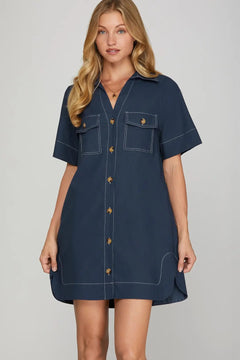 Short Sleeve Button Down Mini Dress - Lush Lemon - Women&