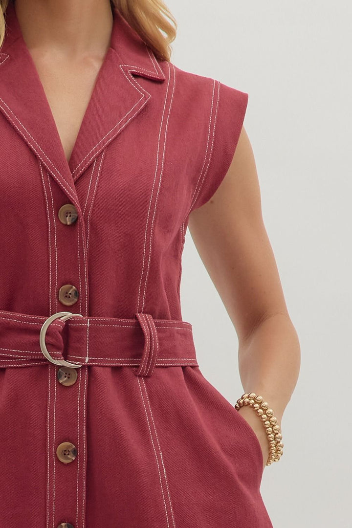 Sleeveless Belted Lapel Mini Dress - Lush Lemon - Women's Clothing - Entro - 25951921059613