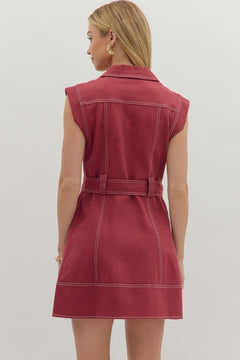 Sleeveless Belted Lapel Mini Dress - Lush Lemon - Women&