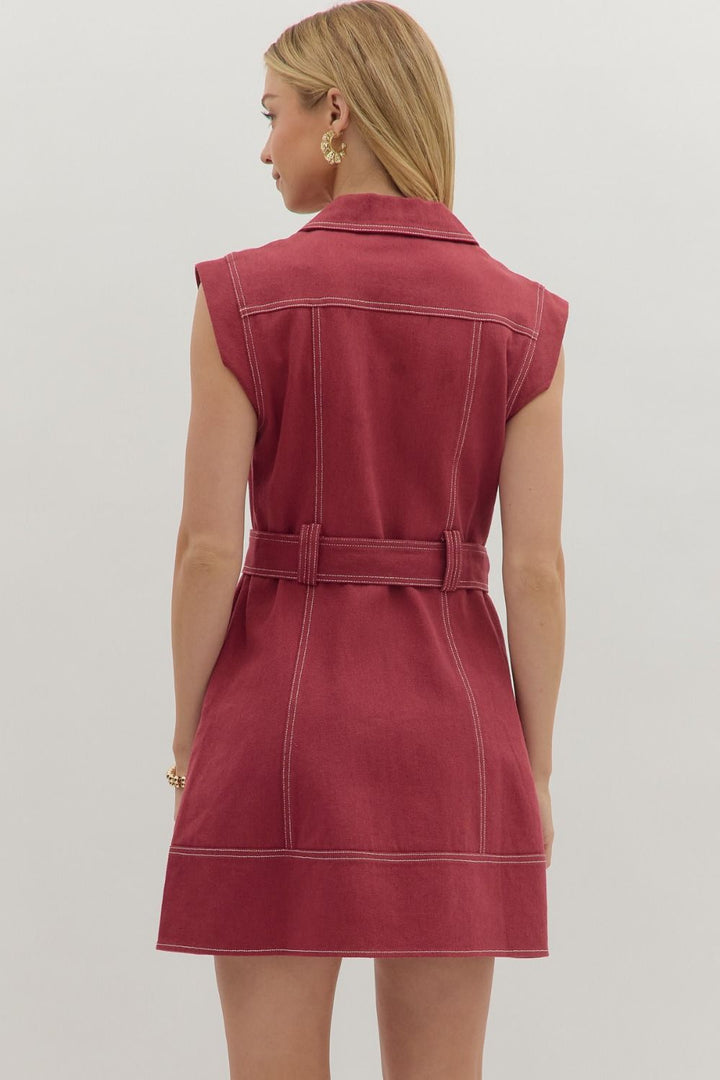 Sleeveless Belted Lapel Mini Dress - Lush Lemon - Women's Clothing - Entro - 25951921059613